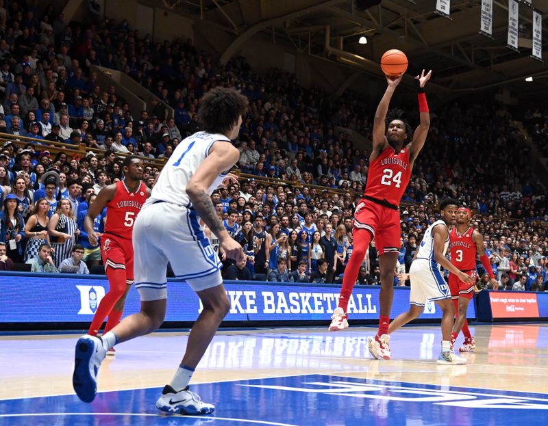 Feb 20, 2023; Durham, North Carolina, USA; Louisville Cardinals forward Jae'Lyn Withers (24) shoots during the first half against the Duke Blue Devils at Cameron Indoor Stadium. Mandatory Credit: Rob Kinnan-USA TODAY Sports