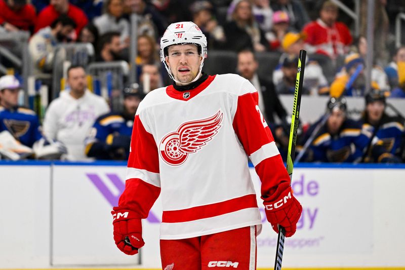 Dec 12, 2023; St. Louis, Missouri, USA;  Detroit Red Wings center Austin Czarnik (21) in action against the St. Louis Blues during the third period at Enterprise Center. Mandatory Credit: Jeff Curry-USA TODAY Sports