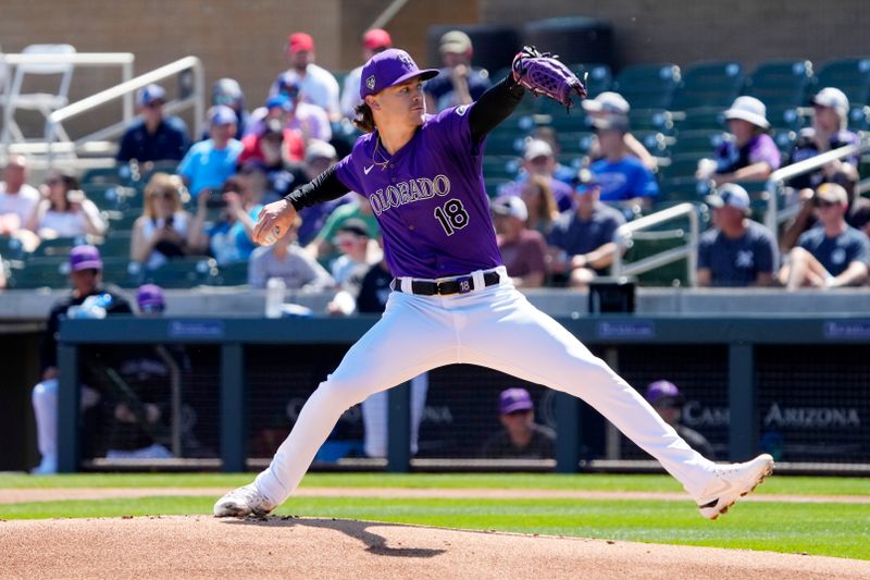 Mar 21, 2024; Salt River Pima-Maricopa, Arizona, USA; Colorado Rockies starting pitcher Ryan Feltner (18) pitches against the Chicago Cubs in the first inning at Salt River Fields at Talking Stick. Mandatory Credit: Rick Scuteri-USA TODAY Sports