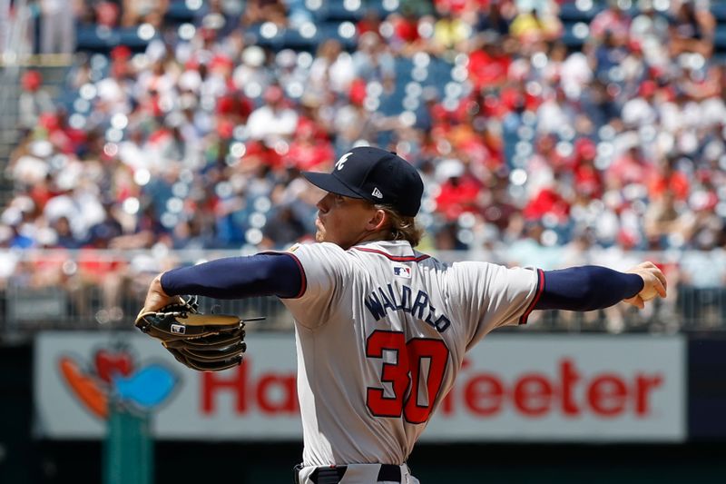 Jun 9, 2024; Washington, District of Columbia, USA; Atlanta Braves starting pitcher Hurston Waldrep (30) pitches during his MLB debut against the Washington Nationals during the second inning at Nationals Park. Mandatory Credit: Geoff Burke-USA TODAY Sports