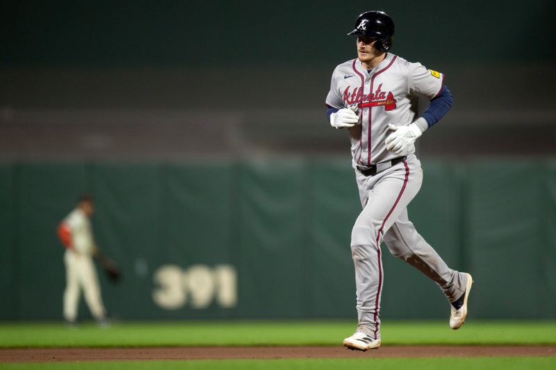 Aug 14, 2024; San Francisco, California, USA; Atlanta Braves catcher Sean Murphy (12) runs out his two-run home run against the San Francisco Giants during the eighth inning at Oracle Park. Mandatory Credit: D. Ross Cameron-USA TODAY Sports