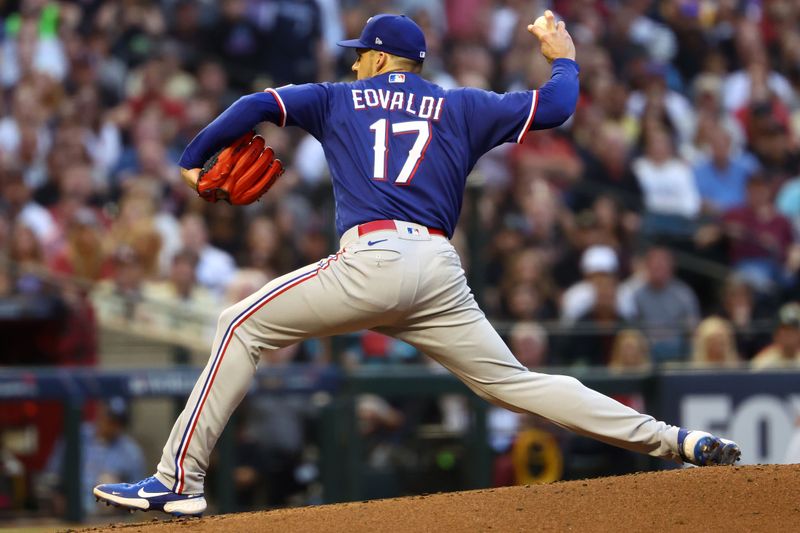 Nov 1, 2023; Phoenix, Arizona, USA; Texas Rangers starting pitcher Nathan Eovaldi (17) throws a pitch against the Arizona Diamondbacks during the first inning in game five of the 2023 World Series at Chase Field. Mandatory Credit: Mark J. Rebilas-USA TODAY Sports