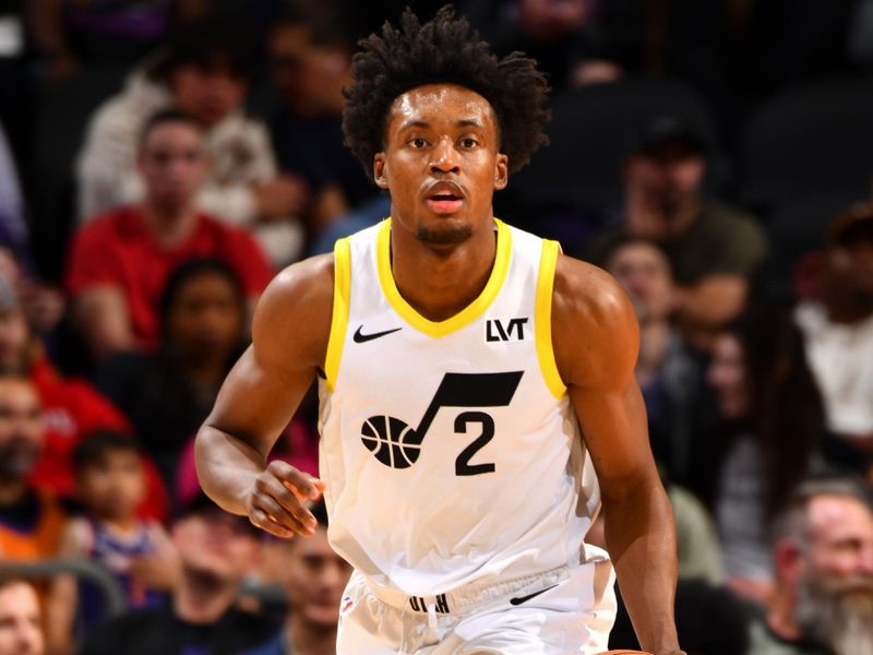 PHOENIX, AZ - JANUARY 11: Collin Sexton #2 of the Utah Jazz brings the ball up court during the game against the Phoenix Suns on January 11, 2025 at Footprint Center in Phoenix, Arizona. NOTE TO USER: User expressly acknowledges and agrees that, by downloading and or using this photograph, user is consenting to the terms and conditions of the Getty Images License Agreement. Mandatory Copyright Notice: Copyright 2025 NBAE (Photo by Barry Gossage/NBAE via Getty Images)