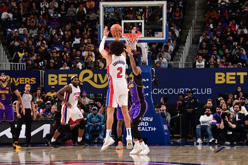 DETROIT, MI - NOVEMBER 4: Cade Cunningham #2 of the Detroit Pistons shoots a three point basket during the game against the Los Angeles Lakers on November 4, 2024 at Little Caesars Arena in Detroit, Michigan. NOTE TO USER: User expressly acknowledges and agrees that, by downloading and/or using this photograph, User is consenting to the terms and conditions of the Getty Images License Agreement. Mandatory Copyright Notice: Copyright 2024 NBAE (Photo by Chris Schwegler/NBAE via Getty Images)