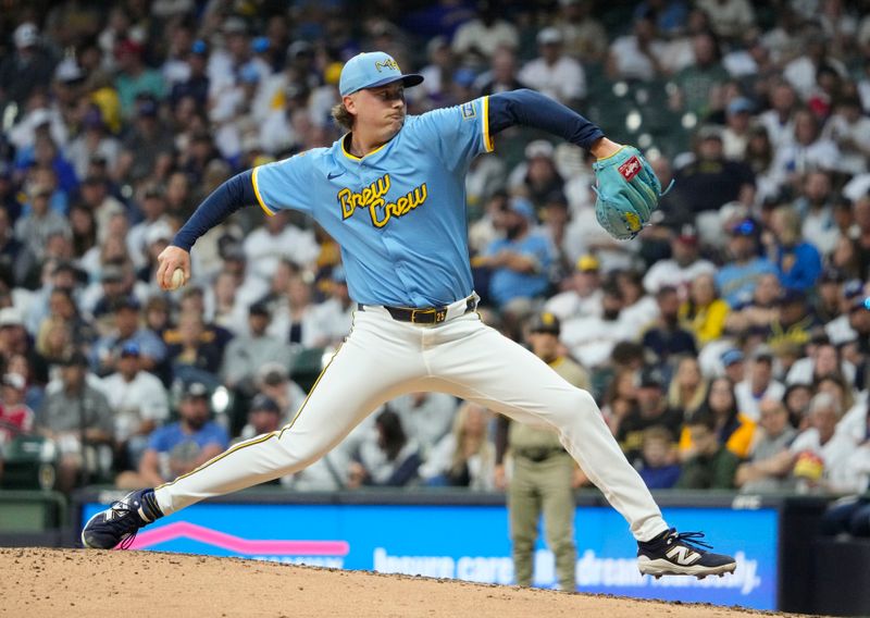 Jun 7, 2025; Milwaukee, Wisconsin, USA; Milwaukee Brewers pitcher Nick Mears (25) delivers a pitch against the San Diego Padres in the sixth inning at American Family Field. Mandatory Credit: Michael McLoone-Imagn Images