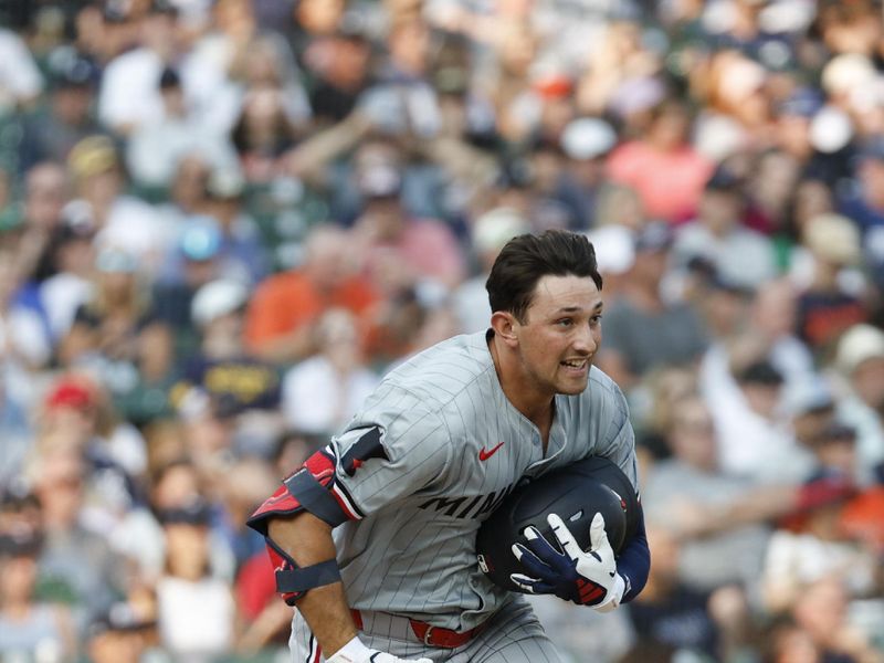 Jul 26, 2024; Detroit, Michigan, USA; Minnesota Twins third baseman Brooks Lee (72) runs to first base after hitting a single during the second inning of the game against the Detroit Tigers at Comerica Park. Mandatory Credit: Brian Bradshaw Sevald-USA TODAY Sports