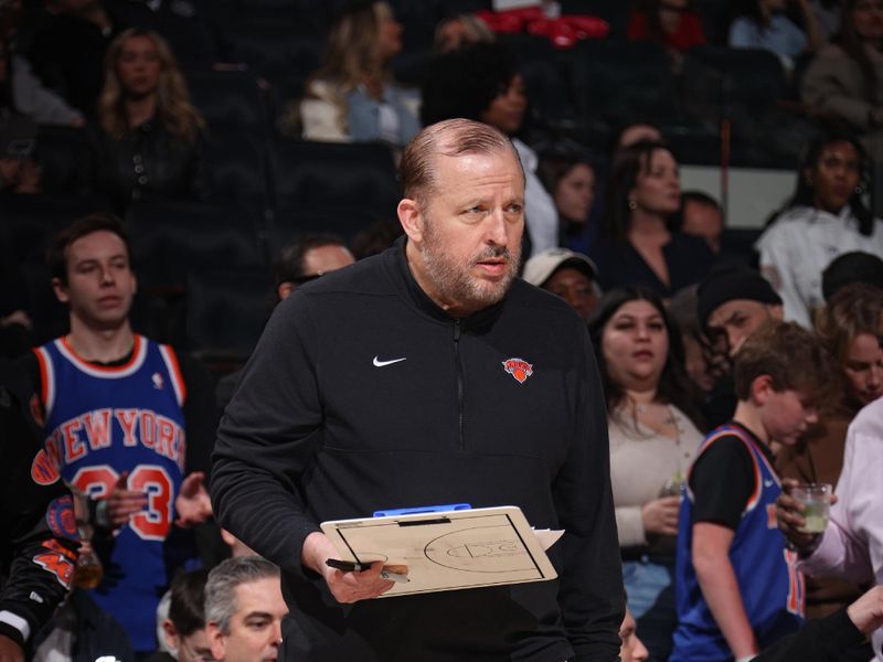 NEW YORK, NY - FEBRUARY 26: Head Coach Tom Thibodeau of the New York Knicks looks on during the game against the Detroit Pistons on February 26, 2024 at Madison Square Garden in New York City, New York.  NOTE TO USER: User expressly acknowledges and agrees that, by downloading and or using this photograph, User is consenting to the terms and conditions of the Getty Images License Agreement. Mandatory Copyright Notice: Copyright 2024 NBAE  (Photo by Nathaniel S. Butler/NBAE via Getty Images)