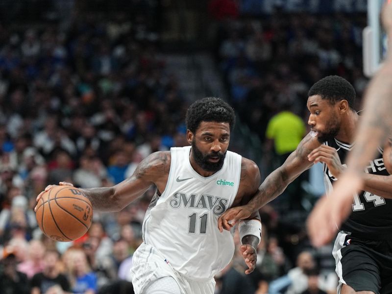 DALLAS, TX - NOVEMBER 16: Kyrie Irving #11 of the Dallas Mavericks drives to the basket during the game against the San Antonio Spurs on November 16, 2024 at American Airlines Center in Dallas, Texas. NOTE TO USER: User expressly acknowledges and agrees that, by downloading and or using this photograph, User is consenting to the terms and conditions of the Getty Images License Agreement. Mandatory Copyright Notice: Copyright 2024 NBAE (Photo by Glenn James/NBAE via Getty Images)