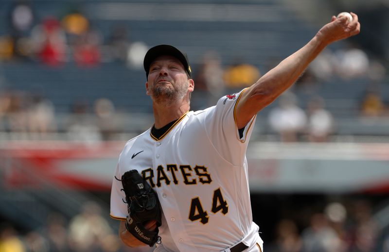 May 10, 2023; Pittsburgh, Pennsylvania, USA;  Pittsburgh Pirates starting pitcher Rich Hill (44) delivers a pitch against the Colorado Rockies during the second inning at PNC Park. Mandatory Credit: Charles LeClaire-USA TODAY Sports