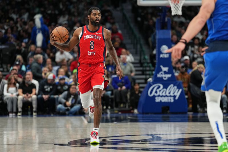 DALLAS, TX - JANUARY 13: Naji Marshall #8 of the New Orleans Pelicans dribbles the ball during the game against the Dallas Mavericks on January 13, 2024 at the American Airlines Center in Dallas, Texas. NOTE TO USER: User expressly acknowledges and agrees that, by downloading and or using this photograph, User is consenting to the terms and conditions of the Getty Images License Agreement. Mandatory Copyright Notice: Copyright 2024 NBAE (Photo by Glenn James/NBAE via Getty Images)