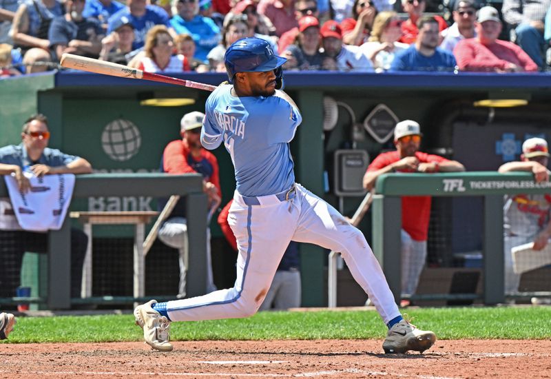 May 18, 2025; Kansas City, Missouri, USA;  Kansas City Royals third baseman Maikel Garcia (11) hits an RBI single in the seventh inning against the St. Louis Cardinals at Kauffman Stadium. Mandatory Credit: Peter Aiken-Imagn Images