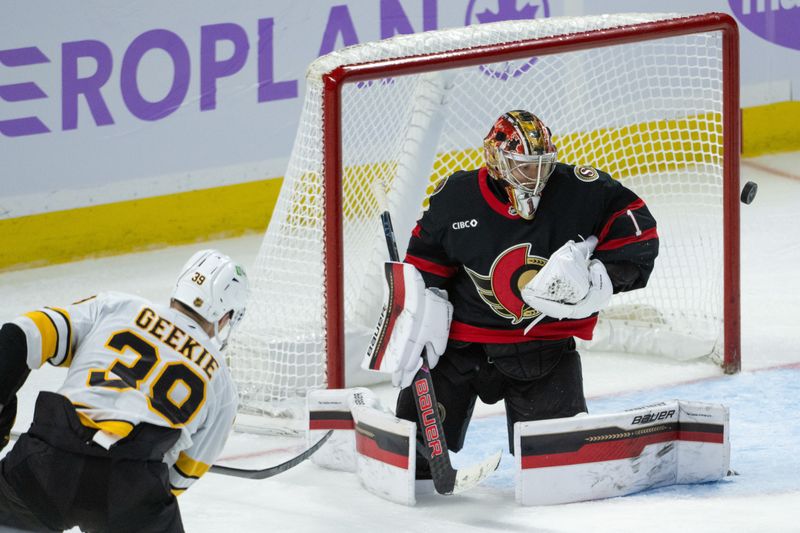 Nov 13, 2025; Ottawa, Ontario, CAN; Boston Bruins center Morgan Geekie (39) shoots on Ottawa Senators goalie Leevi Merilainen (1) in the third period at the Canadian Tire Centre. Mandatory Credit: Marc DesRosiers-IMAGN Images