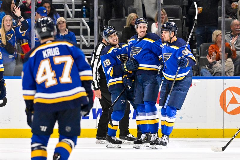 Nov 3, 2023; St. Louis, Missouri, USA;  St. Louis Blues center Robert Thomas (18) is congratulated by center Kevin Hayes (12) and left wing Pavel Buchnevich (89) after scoring an empty net goal against the New Jersey Devils during the third period at Enterprise Center. Mandatory Credit: Jeff Curry-USA TODAY Sports