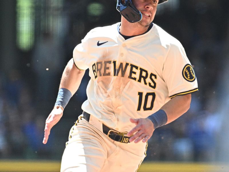 May 30, 2024; Milwaukee, Wisconsin, USA; Milwaukee Brewers outfielder Sal Frelick (10) rounds second base against the Chicago Cubs in the second inning at American Family Field. Mandatory Credit: Michael McLoone-USA TODAY Sports