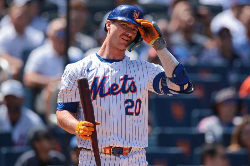 Aug 21, 2024; New York City, New York, USA; New York Mets first baseman Pete Alonso (20) at bat during the fourth inning against the Baltimore Orioles at Citi Field. Mandatory Credit: Vincent Carchietta-USA TODAY Sports
