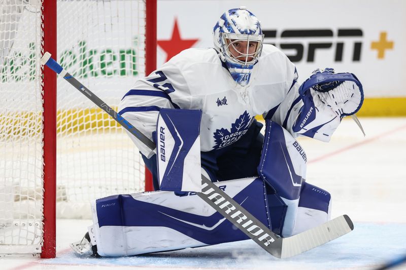 Apr 9, 2026; Elmont, New York, USA;  Toronto Maple Leafs goaltender Artur Akhtyamov (70) watches the play in the second period against the New York Islanders at UBS Arena. Mandatory Credit: Wendell Cruz-Imagn Images