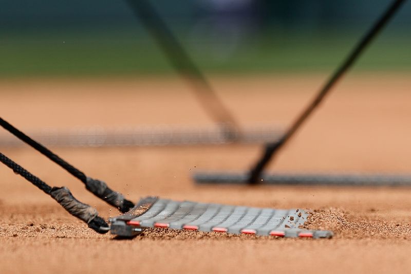 Apr 20, 2025; Denver, Colorado, USA; A detail view as the infield is tended to during the seventh inning stretch between the Colorado Rockies and the Washington Nationals at Coors Field. Mandatory Credit: Isaiah J. Downing-Imagn Images