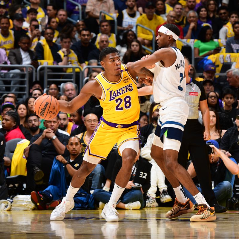 LOS ANGELES, CA - OCTOBER 22: Rui Hachimura #28 of the Los Angeles Lakers dribbles the ball during the game against the Minnesota Timberwolves  on October 22, 2024 at Crypto.Com Arena in Los Angeles, California. NOTE TO USER: User expressly acknowledges and agrees that, by downloading and/or using this Photograph, user is consenting to the terms and conditions of the Getty Images License Agreement. Mandatory Copyright Notice: Copyright 2024 NBAE (Photo by Adam Pantozzi/NBAE via Getty Images)