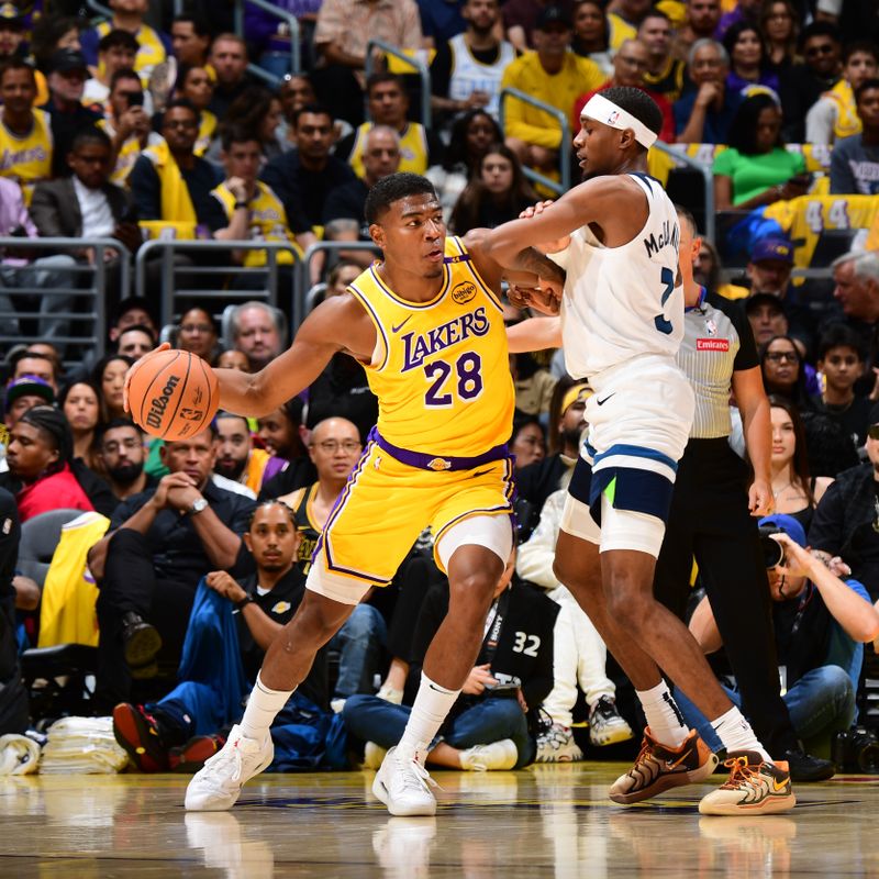 LOS ANGELES, CA - OCTOBER 22: Rui Hachimura #28 of the Los Angeles Lakers dribbles the ball during the game against the Minnesota Timberwolves  on October 22, 2024 at Crypto.Com Arena in Los Angeles, California. NOTE TO USER: User expressly acknowledges and agrees that, by downloading and/or using this Photograph, user is consenting to the terms and conditions of the Getty Images License Agreement. Mandatory Copyright Notice: Copyright 2024 NBAE (Photo by Adam Pantozzi/NBAE via Getty Images)