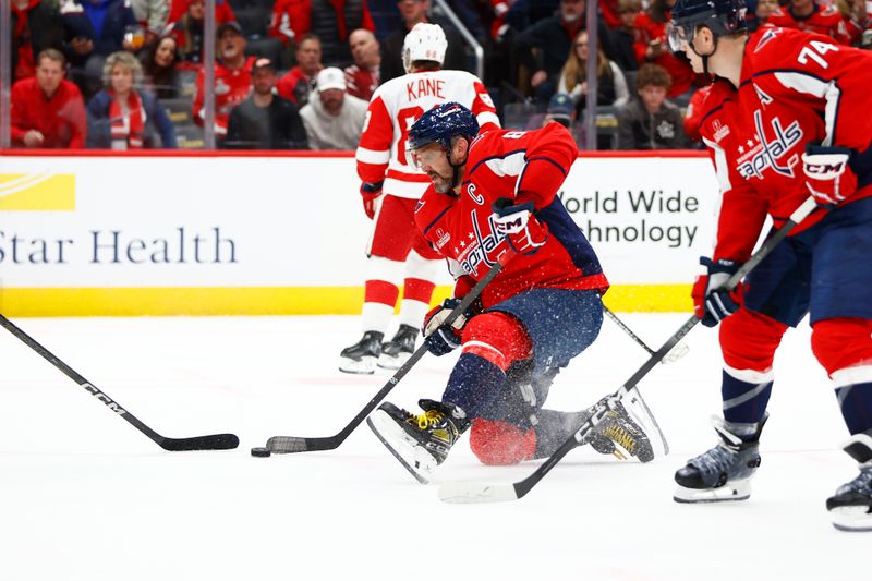 Mar 26, 2024; Washington, District of Columbia, USA; Washington Capitals left wing Alex Ovechkin (8) controls the puck against the Detroit Red Wings during the third period at Capital One Arena. Mandatory Credit: Amber Searls-USA TODAY Sports