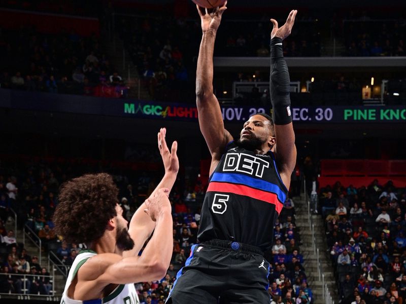 DETROIT, MI - DECEMBER 3: Malik Beasley #5 of the Detroit Pistons shoots the ball during the game against the Milwaukee Bucks during the Emirates NBA Cup game on December 3, 2024 at Little Caesars Arena in Detroit, Michigan. NOTE TO USER: User expressly acknowledges and agrees that, by downloading and/or using this photograph, User is consenting to the terms and conditions of the Getty Images License Agreement. Mandatory Copyright Notice: Copyright 2024 NBAE (Photo by Chris Schwegler/NBAE via Getty Images)