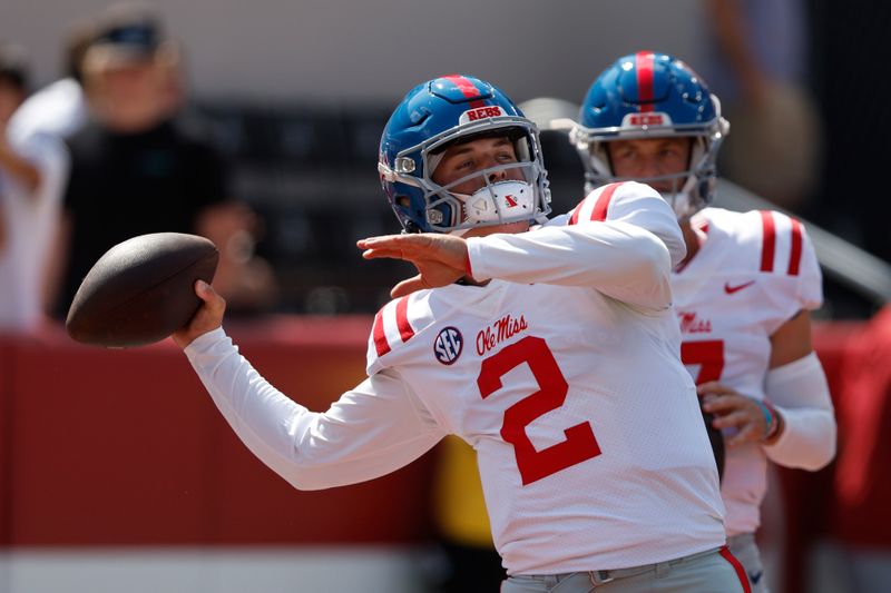 Sep 23, 2023; Tuscaloosa, Alabama, USA;  Mississippi Rebels quarterback Jaxson Dart (2) warms up before a game against the Alabama Crimson Tide at Bryant-Denny Stadium. Mandatory Credit: Butch Dill-USA TODAY Sports