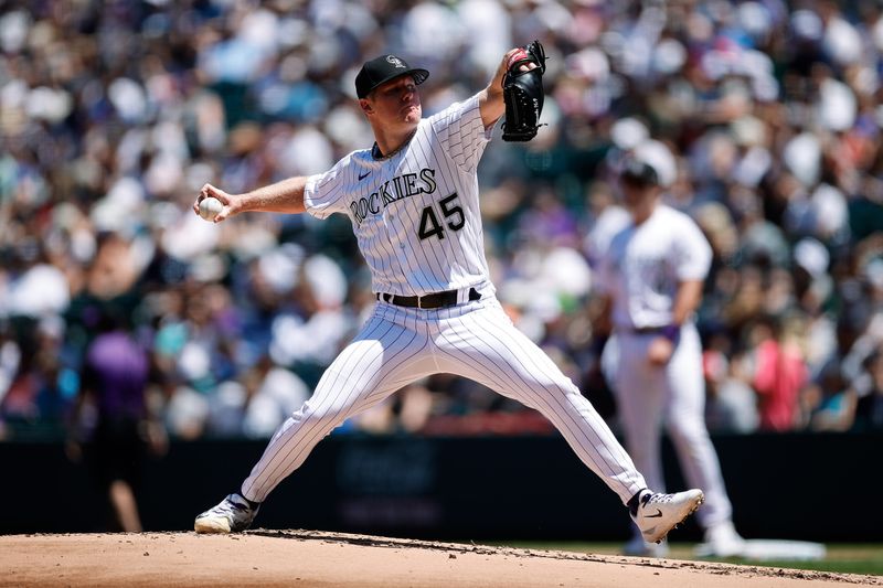 Jul 16, 2023; Denver, Colorado, USA; Colorado Rockies starting pitcher Chase Anderson (45) pitches in the second inning against the New York Yankees at Coors Field. Mandatory Credit: Isaiah J. Downing-USA TODAY Sports