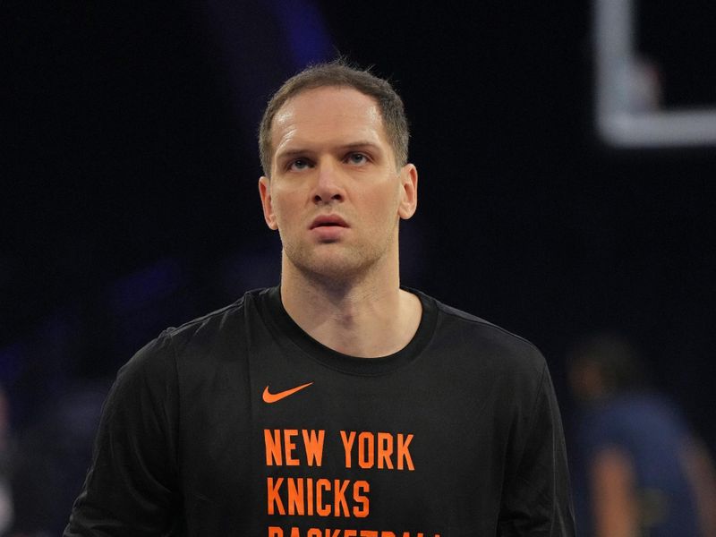 NEW YORK, NY - FEBRUARY 10: Bojan Bogdanovic of the New York Knicks warms up before the game against the Indiana Pacers on February 10, 2024 at Madison Square Garden in New York City, New York.  NOTE TO USER: User expressly acknowledges and agrees that, by downloading and or using this photograph, User is consenting to the terms and conditions of the Getty Images License Agreement. Mandatory Copyright Notice: Copyright 2024 NBAE  (Photo by Jesse D. Garrabrant/NBAE via Getty Images)