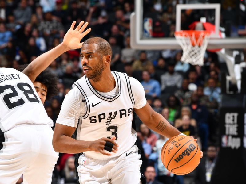 SAN ANTONIO, TX - JANUARY 17: Chris Paul #3 of the San Antonio Spurs dribbles the ball during the game against the Memphis Grizzlies on January 17, 2025 at the Frost Bank Center in San Antonio, Texas. NOTE TO USER: User expressly acknowledges and agrees that, by downloading and or using this photograph, user is consenting to the terms and conditions of the Getty Images License Agreement. Mandatory Copyright Notice: Copyright 2025 NBAE (Photos by Barry Gossage/NBAE via Getty Images)