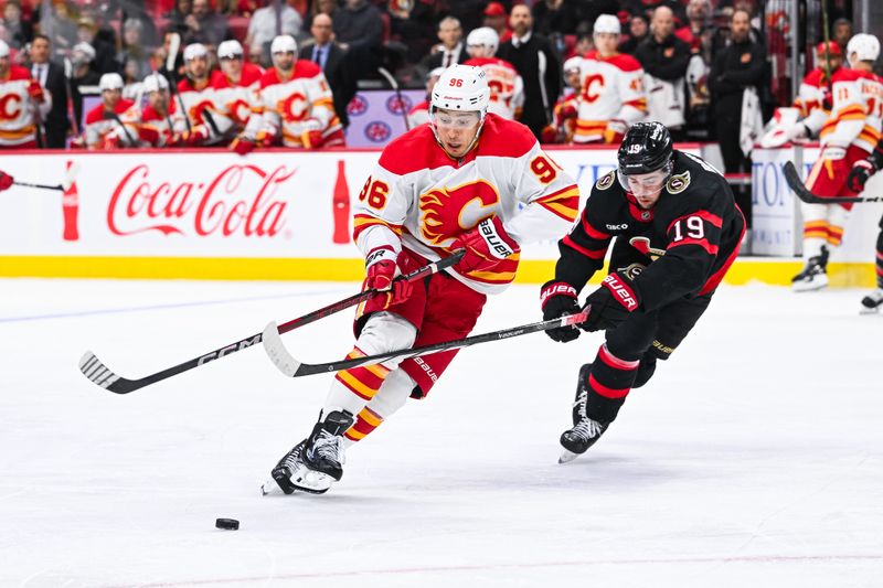 Nov 25, 2024; Ottawa, Ontario, CAN; Ottawa Senators right wing Drake Batherson (19) attempts to defend the puck against Calgary Flames left wing Andrei Kuzmenko (96) during the second period at Canadian Tire Centre. Mandatory Credit: David Kirouac-Imagn Images