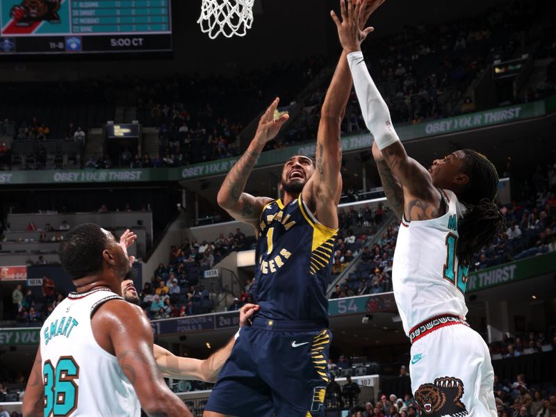 MEMPHIS, TN - DECEMBER 1: Obi Toppin #1 of the Indiana Pacers drives to the basket during the game against the Memphis Grizzlies on December 1, 2024 at FedExForum in Memphis, Tennessee. NOTE TO USER: User expressly acknowledges and agrees that, by downloading and or using this photograph, User is consenting to the terms and conditions of the Getty Images License Agreement. Mandatory Copyright Notice: Copyright 2024 NBAE (Photo by Joe Murphy/NBAE via Getty Images)