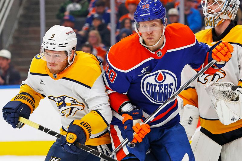 Nov 14, 2024; Edmonton, Alberta, CAN; Nashville Predators defensemen Jeremy Lauzon (3) and Edmonton Oilers forward Corey Perry (90) battle for position during the third period at Rogers Place. Mandatory Credit: Perry Nelson-Imagn Images