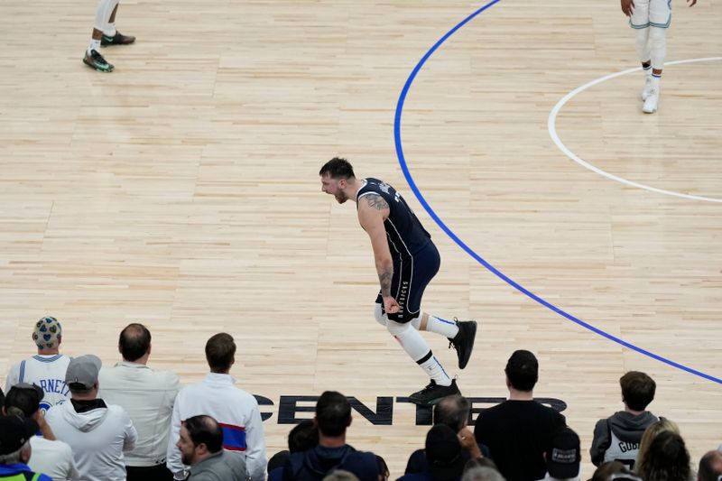 MINNEAPOLIS, MN -  MAY 22: Luka Doncic #77 of the Dallas Mavericks celebrates during the game  against the Minnesota Timberwolves during Game 1 of the Western Conference Finals of the 2024 NBA Playoffs on January 1, 2024 at Target Center in Minneapolis, Minnesota. NOTE TO USER: User expressly acknowledges and agrees that, by downloading and or using this Photograph, user is consenting to the terms and conditions of the Getty Images License Agreement. Mandatory Copyright Notice: Copyright 2024 NBAE (Photo by Jordan Johnson/NBAE via Getty Images)