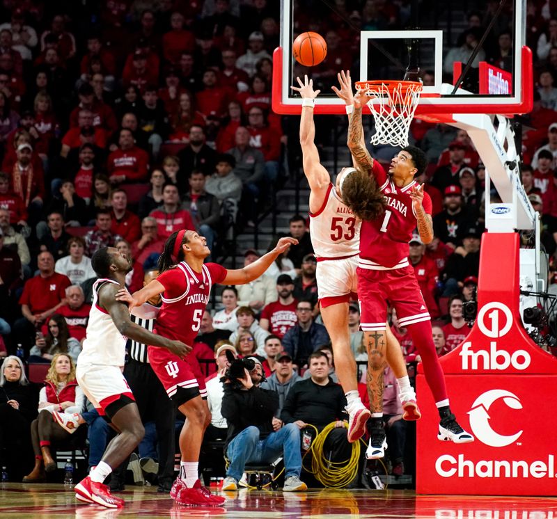 Jan 3, 2024; Lincoln, Nebraska, USA; Indiana Hoosiers center Kel'el Ware (1) blocks a shot by Nebraska Cornhuskers forward Josiah Allick (53) during the second half at Pinnacle Bank Arena. Mandatory Credit: Dylan Widger-USA TODAY Sports