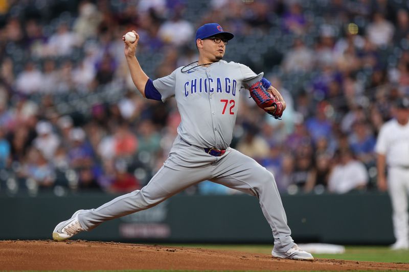 Sep 13, 2024; Denver, Colorado, USA; Chicago Cubs starting pitcher Javier Assad (72) pitches in the first inning against the Colorado Rockies at Coors Field. Mandatory Credit: Isaiah J. Downing-Imagn Images