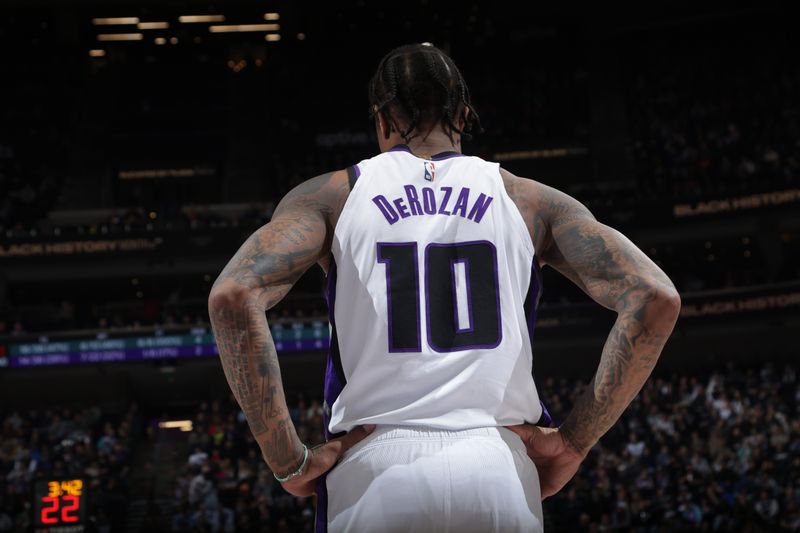 SALT LAKE CITY, UT - FEBRUARY 26:  DeMar DeRozan #10 of the Sacramento Kings looks on during the game against the Utah Jazz on February 26, 2025 at Delta Center in Salt Lake City, Utah. NOTE TO USER: User expressly acknowledges and agrees that, by downloading and or using this Photograph, User is consenting to the terms and conditions of the Getty Images License Agreement. Mandatory Copyright Notice: Copyright 2025 NBAE (Photo by Melissa Majchrzak/NBAE via Getty Images)