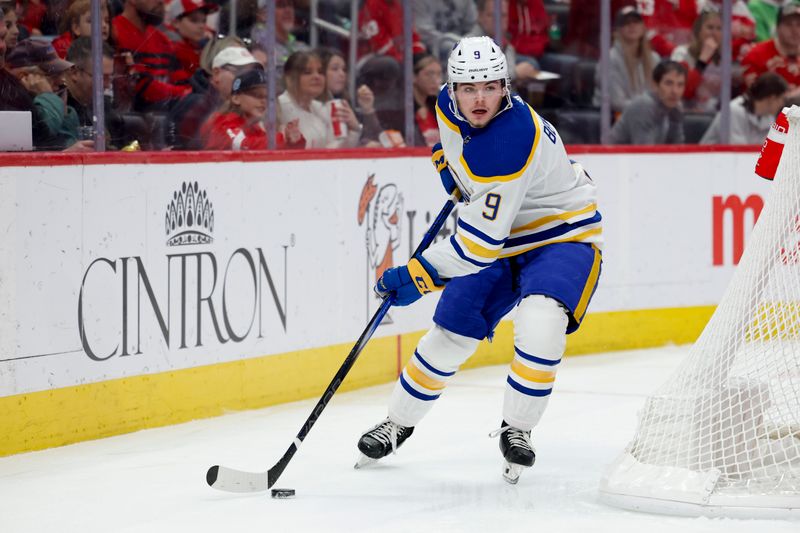 Mar 16, 2024; Detroit, Michigan, USA;  Buffalo Sabres left wing Zach Benson (9) skates with the puck in the first period against the Detroit Red Wings at Little Caesars Arena. Mandatory Credit: Rick Osentoski-USA TODAY Sports