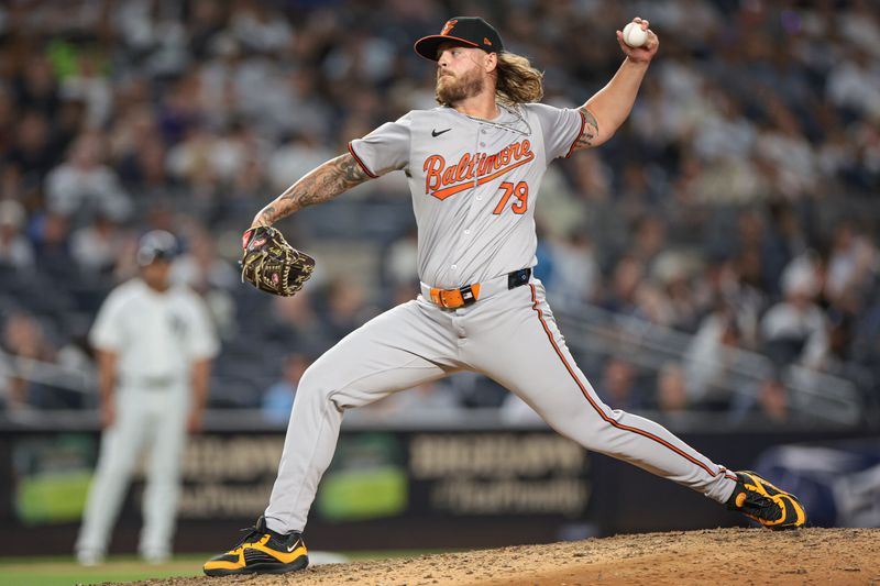 Jun 18, 2024; Bronx, New York, USA; Baltimore Orioles relief pitcher Nick Vespi (79) delivers a pitch during the eighth inning against the New York Yankees at Yankee Stadium. Mandatory Credit: Vincent Carchietta-USA TODAY Sports