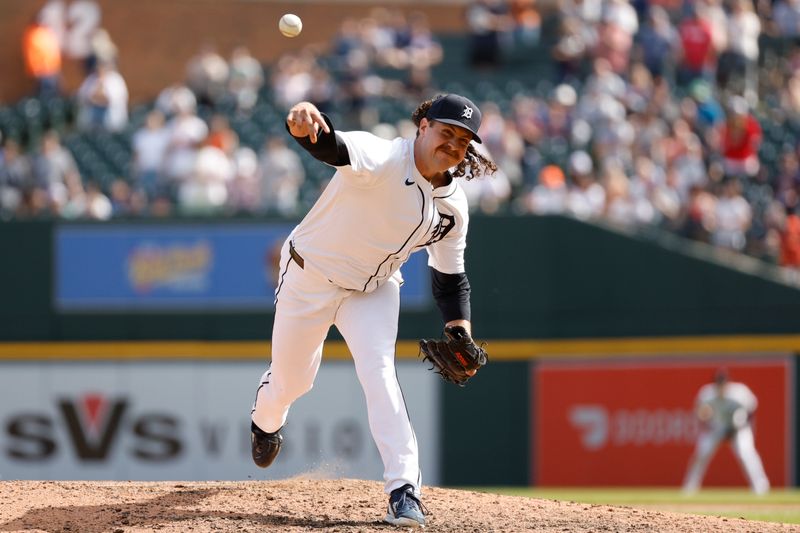 Apr 14, 2024; Detroit, Michigan, USA; Detroit Tigers pitcher Jason Foley (68) throws during the game against the Minnesota Twins at Comerica Park. Mandatory Credit: Brian Bradshaw Sevald-USA TODAY Sports