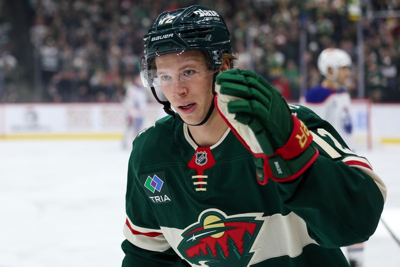 Dec 20, 2025; Saint Paul, Minnesota, USA; Minnesota Wild left wing Matt Boldy (12) celebrates his goal against the Edmonton Oilers during the first period at Grand Casino Arena. Mandatory Credit: Matt Krohn-Imagn Images