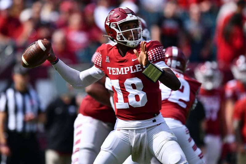 Oct 2, 2021; Philadelphia, Pennsylvania, USA; Temple Owls quarterback D'Wan Mathis (18) throws a pass in the first half against the Memphis Tigers at Lincoln Financial Field. Mandatory Credit: Kyle Ross-USA TODAY Sports