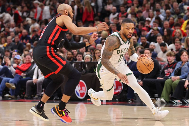 Damian Lillard #0 of the Milwaukee Bucks drives to the basket against Jevon Carter #5 of the Chicago Bulls during the first half at the United Center on March 01, 2024 in Chicago, Illinois. NOTE TO USER: User expressly acknowledges and agrees that, by downloading and or using this photograph, User is consenting to the terms and conditions of the Getty Images License Agreement. (Photo by Michael Reaves/Getty Images)