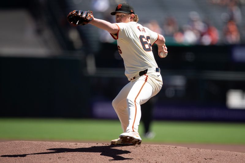 Aug 15, 2024; San Francisco, California, USA; San Francisco Giants starting pitcher Logan Webb (62) delivers against the Atlanta Braves during the first inning at Oracle Park. Mandatory Credit: D. Ross Cameron-USA TODAY Sports