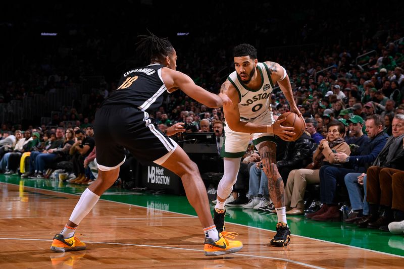 BOSTON, MA - FEBRUARY 4:  Jayson Tatum #0 of the Boston Celtics handles the ball during the game  against the Memphis Grizzlies on February 4, 2024 at the TD Garden in Boston, Massachusetts. NOTE TO USER: User expressly acknowledges and agrees that, by downloading and or using this photograph, User is consenting to the terms and conditions of the Getty Images License Agreement. Mandatory Copyright Notice: Copyright 2024 NBAE  (Photo by Brian Babineau/NBAE via Getty Images)