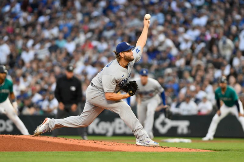 Sep 16, 2023; Seattle, Washington, USA; Los Angeles Dodgers starting pitcher Clayton Kershaw (22) throws against the Seattle Mariners during the first inning at T-Mobile Park. Mandatory Credit: Steven Bisig-USA TODAY Sports