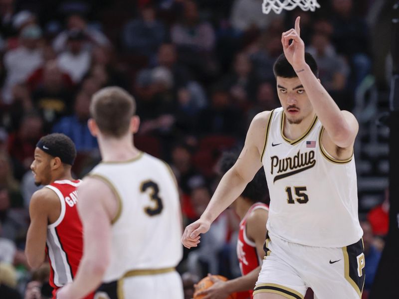 Mar 11, 2023; Chicago, IL, USA; Purdue Boilermakers center Zach Edey (15) reacts after scoring against the Ohio State Buckeyes during the first half at United Center. Mandatory Credit: Kamil Krzaczynski-USA TODAY Sports