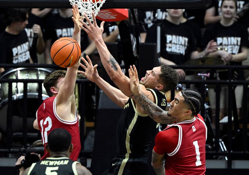 Feb 25, 2023; West Lafayette, Indiana, USA; Purdue Boilermakers forward Mason Gillis (0) battles for a rebound against Indiana Hoosiers forward Miller Kopp (12) and guard Jalen Hood-Schifino (1) during the first half at Mackey Arena. Mandatory Credit: Marc Lebryk-USA TODAY Sports