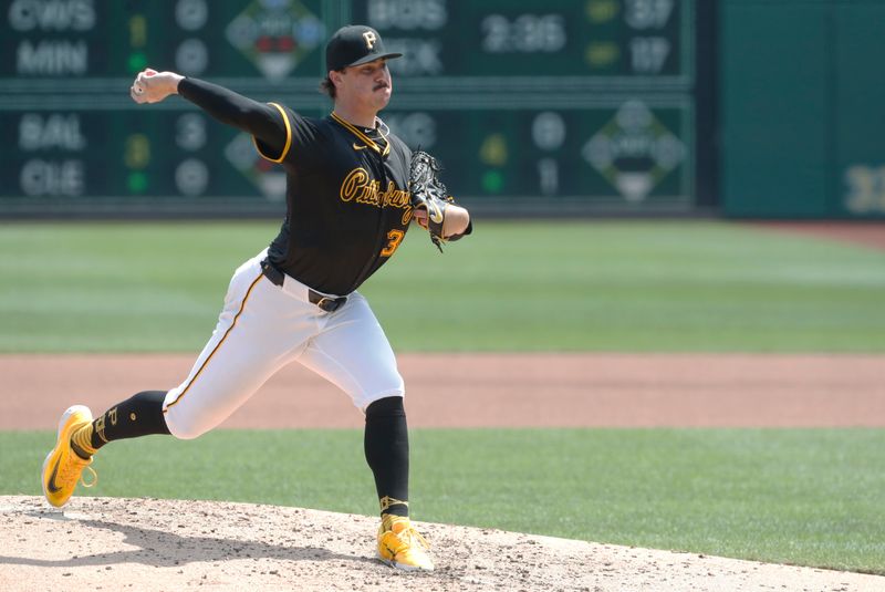 Aug 4, 2024; Pittsburgh, Pennsylvania, USA;  Pittsburgh Pirates starting pitcher Paul Skenes (30) pitches against the Arizona Diamondbacks during the fourth inning at PNC Park. Mandatory Credit: Charles LeClaire-USA TODAY Sports