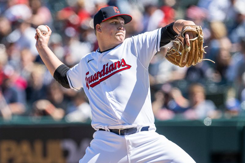 Apr 12, 2023; Cleveland, Ohio, USA; Cleveland Guardians starting pitcher Peyton Battenfield (50) throws a pitch during the first inning against the New York Yankees at Progressive Field. Mandatory Credit: Ken Blaze-USA TODAY Sports