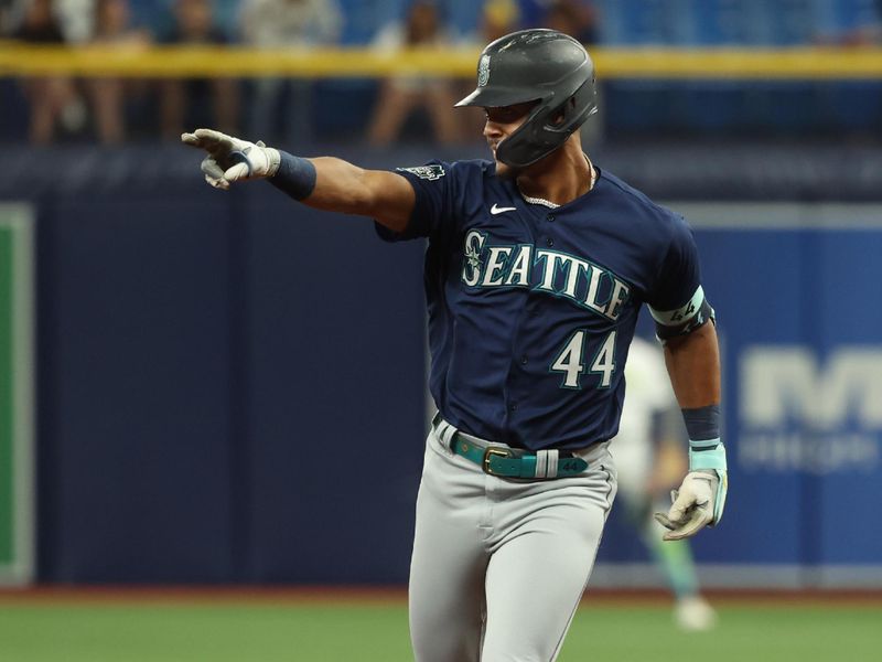 Sep 8, 2023; St. Petersburg, Florida, USA; Seattle Mariners center fielder Julio Rodriguez (44) celebrates after he hits a home run against the Tampa Bay Rays during the third inning at Tropicana Field. Mandatory Credit: Kim Klement Neitzel-USA TODAY Sports